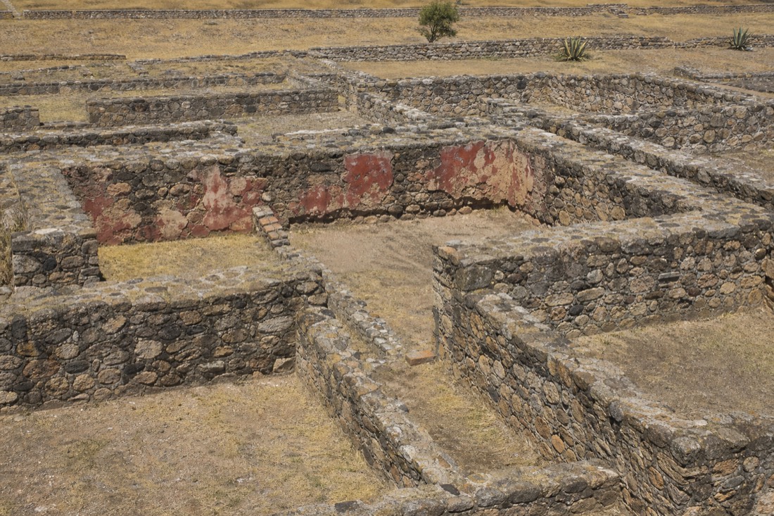 Low stone walls of an excavated residential compound at Teotihuacan, laid out on a strict grid