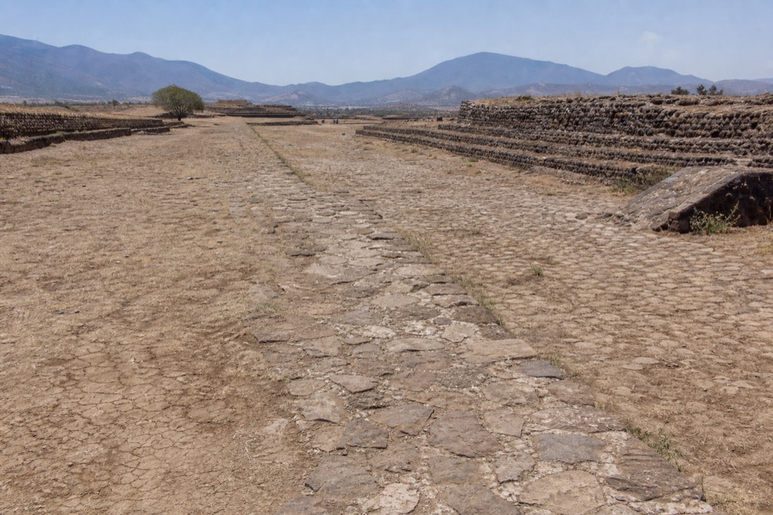 Unshaded stone and dry ground on the Avenue of the Dead at Teotihuacan at midday