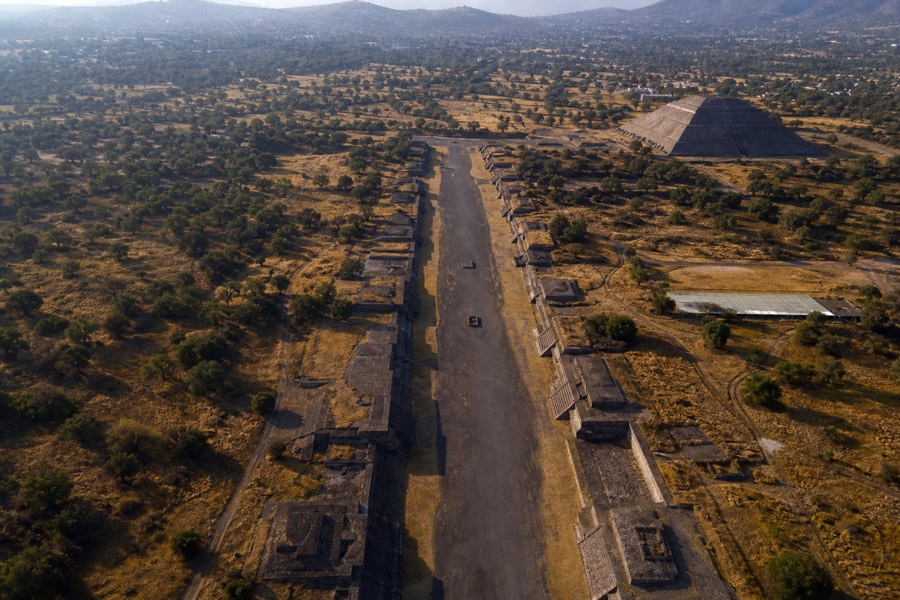 The Avenue of the Dead at Teotihuacan seen from the air in early morning light